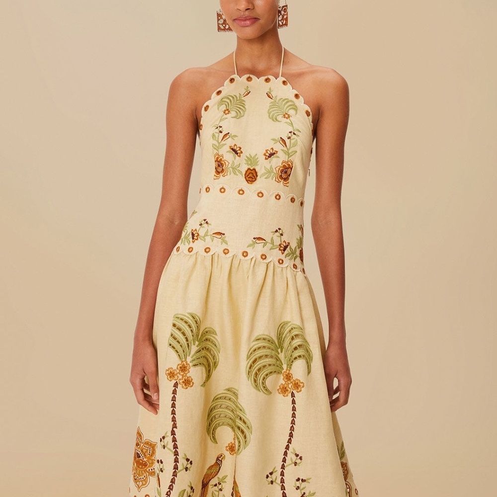 Sand Delicate Forest Richelieu Embroidered Euroflax™ Premium Linen Midi Dress